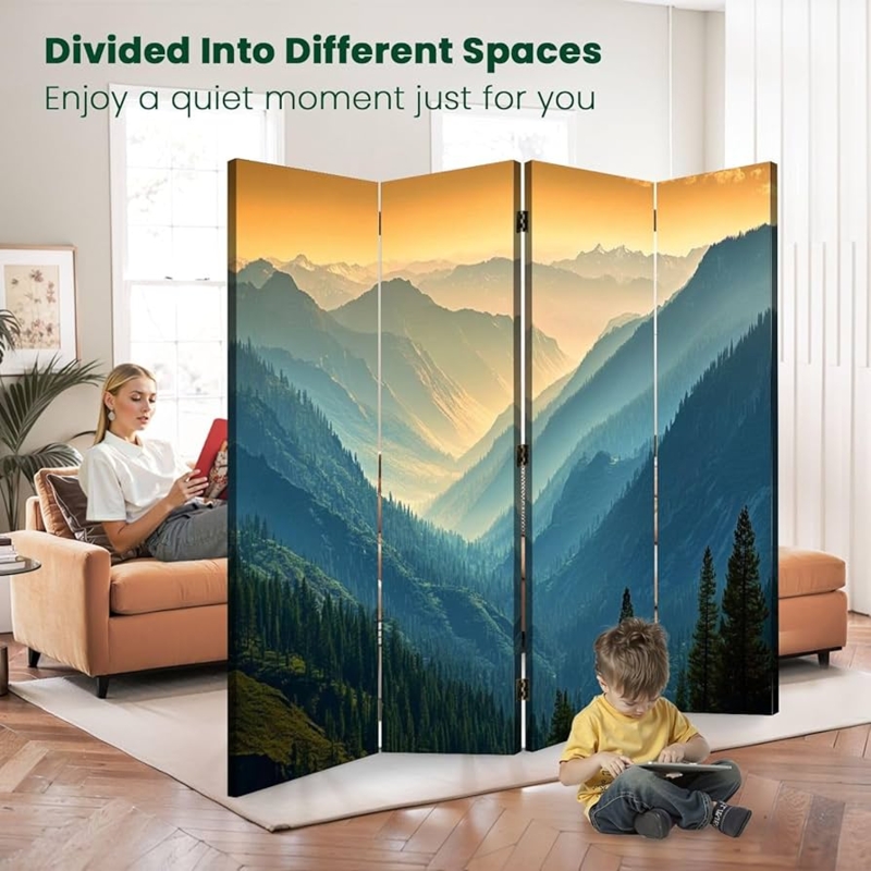 Four-Panel Folding Room Divider with Misty Sierra Mountain Sunset Mural