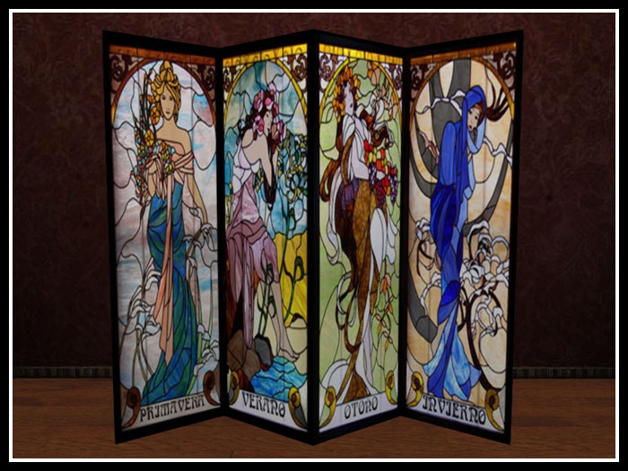 Four-Panel Folding Room Divider with Stained Glass Panels