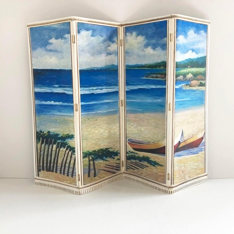 Four-Panel Room Divider Coastal Landscape Mural Folding Screen Beach Scene