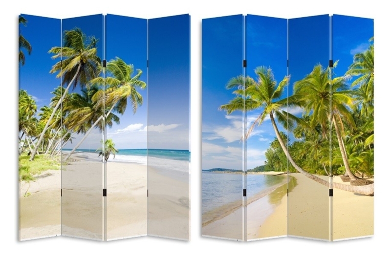 Four-Panel Room Divider, Double-Sided Beach Print, Foldable Canvas