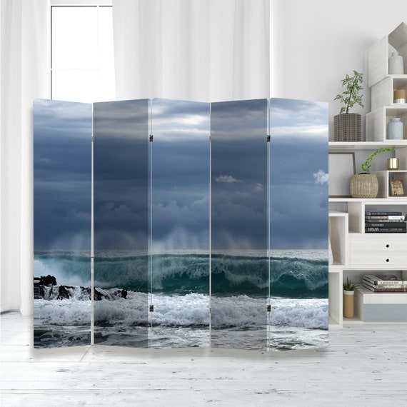 Four-Panel Room Divider, Dramatic Stormy Sky Ocean Wave Print