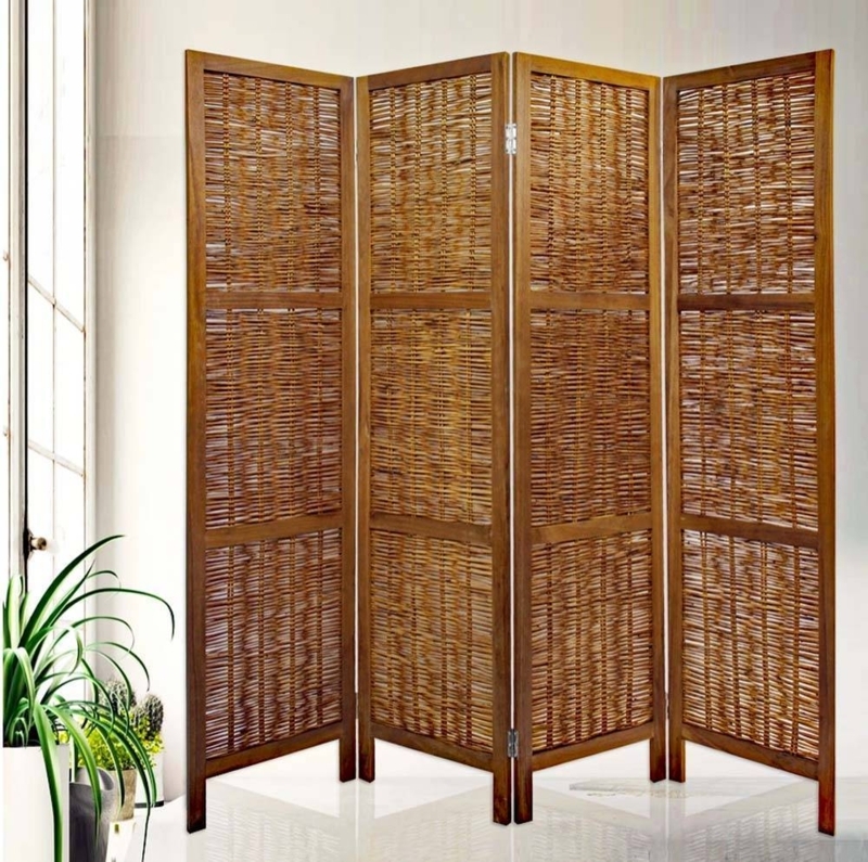 Four-Panel Room Divider featuring Horizontal Wicker Weave Design