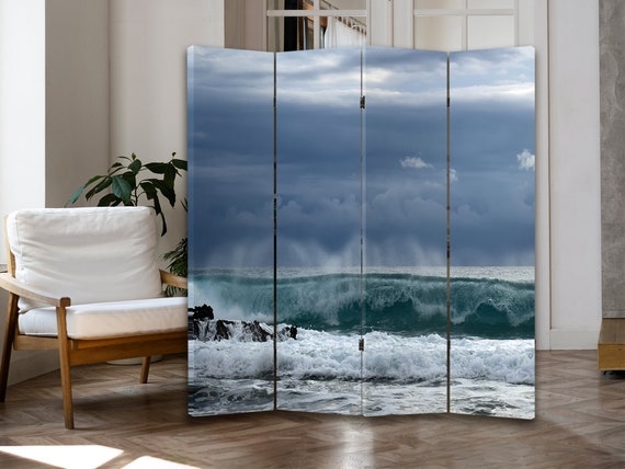 Four-Panel Room Divider, Panoramic Ocean Print, Floor-to-Ceiling Scale