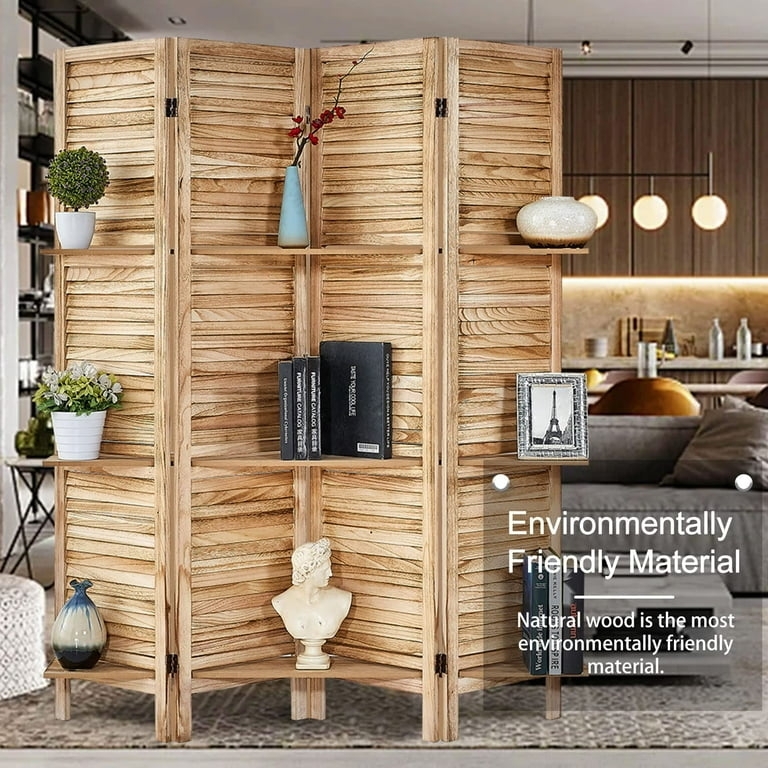 Four-Panel Wood Room Partition with Louvered Slats and Corner Shelves