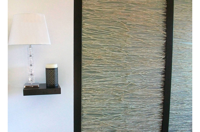 Framed Room Divider with Horizontal Branch Stack. Organic Texture Panel.