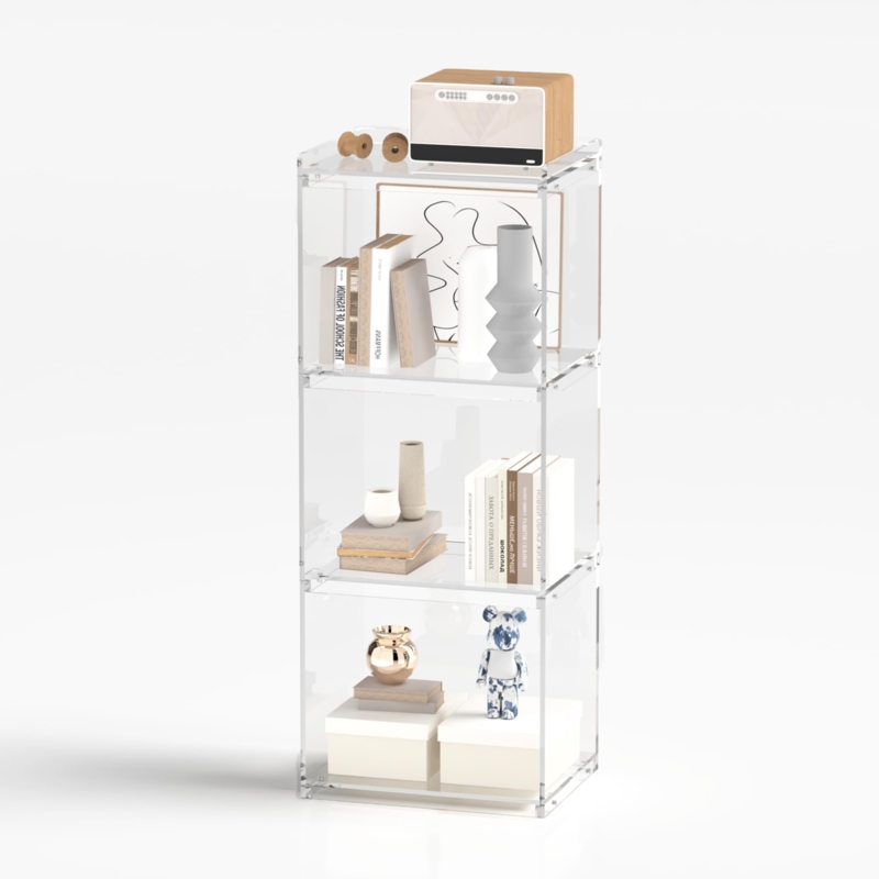Freestanding Acrylic Bookcase, Four-Tier Cube Storage with Back Support