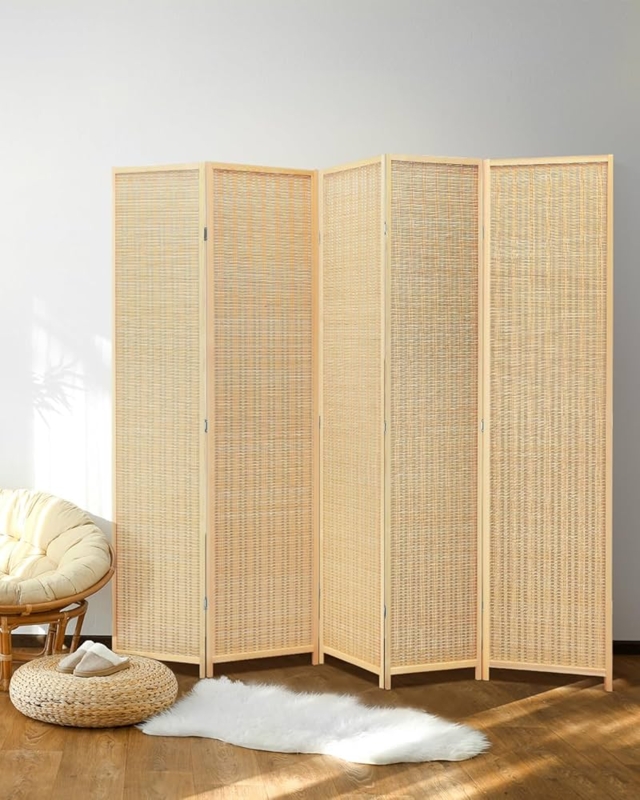 Freestanding Five-Panel Folding Screen with Woven Natural Fibers