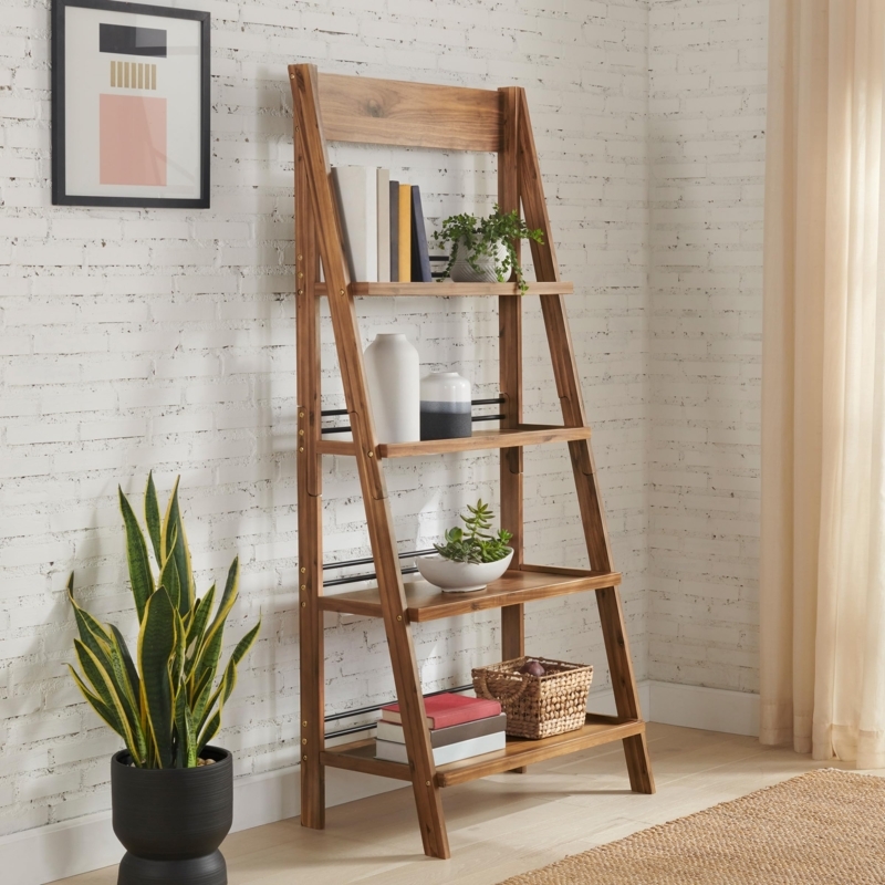Freestanding Ladder Bookshelf Walnut Four Tier with Crossbar Back