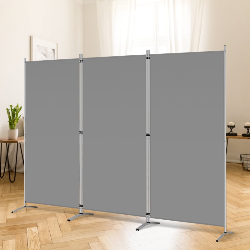 Freestanding Room Divider Silver Frame Gray Fabric T-Shaped Feet