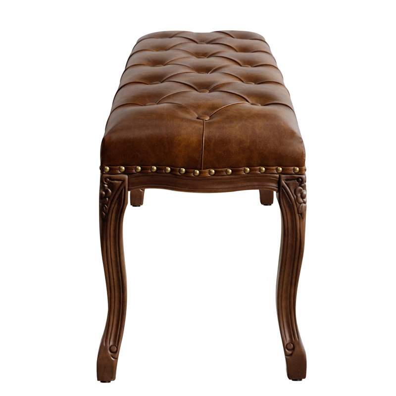 French Country Bench Brown Faux Leather Antique Finish Cabriole Legs