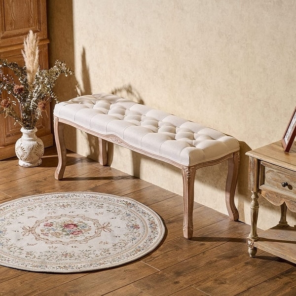 French Country Bench featuring Cabriole Wooden Legs and Tufted Seat