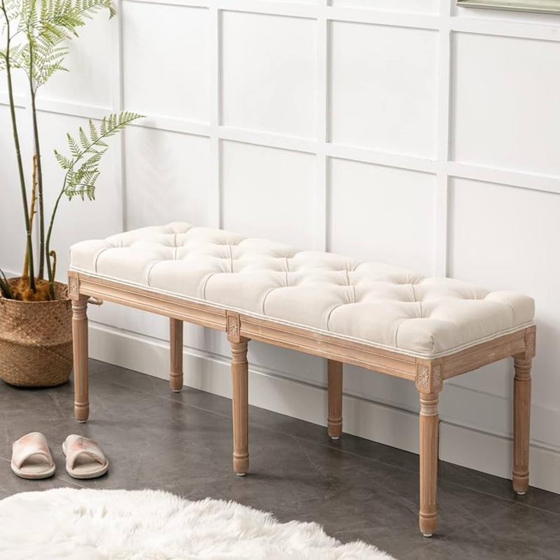 French Country Upholstered Bench with Six Carved Fluted Legs