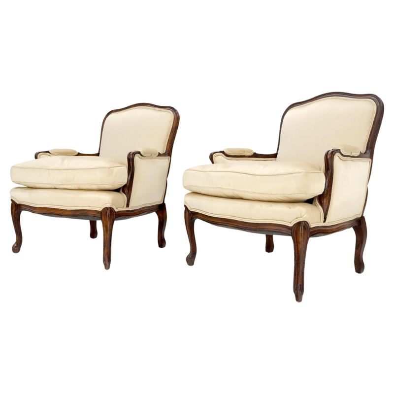 French Lounge Chairs Carved Cabriole Legs, Silk Upholstered Parlor.