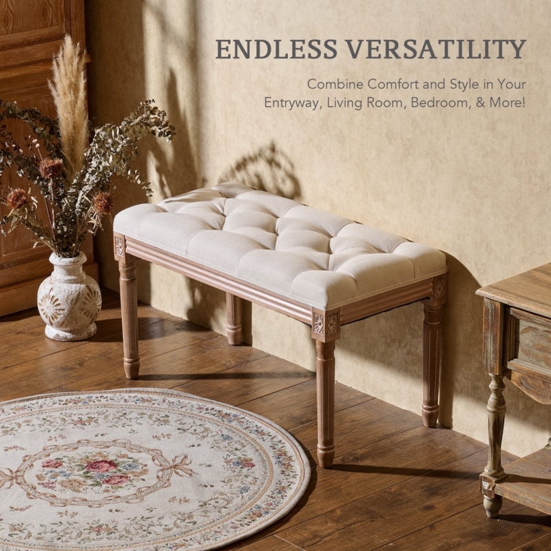 French Provincial Bench featuring Carved Details and Diamond Tufting