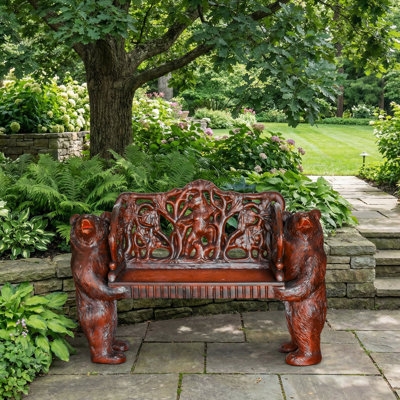 Garden Bench Bear Supports Figurative Base Backless Lodge Theme