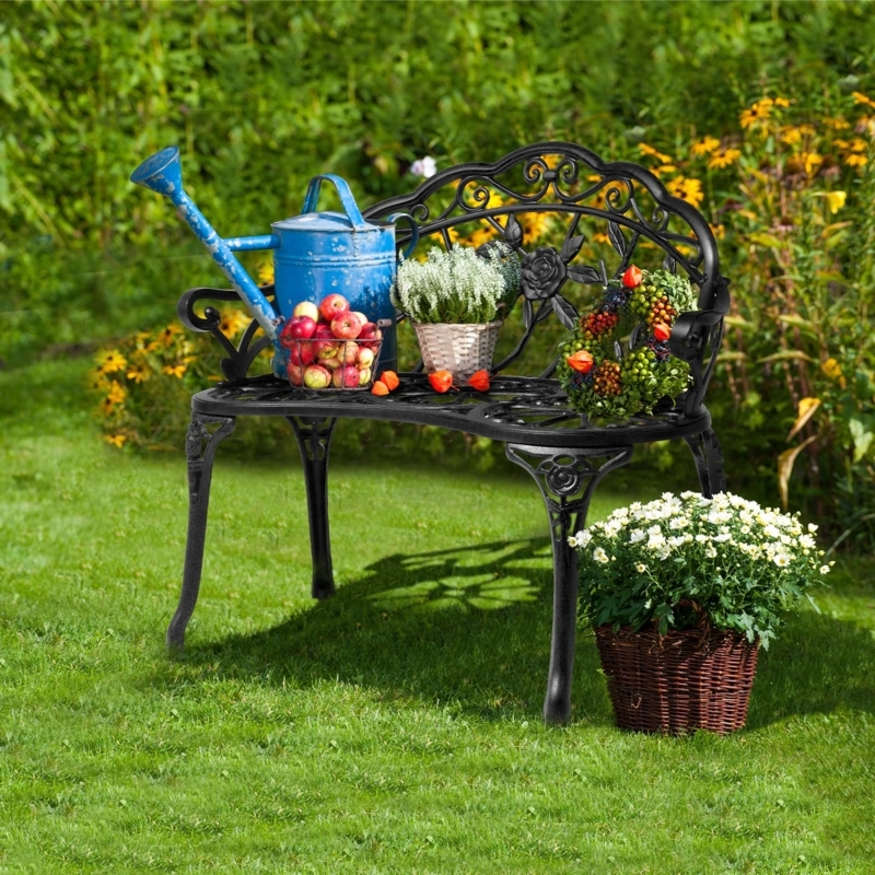 Garden Bench Cast Metal Rose Motif Vintage Style Black