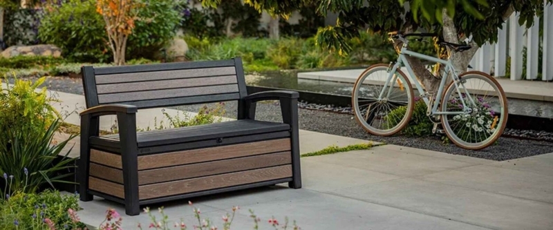 Garden Bench Charcoal Gray Resin Slatted Back Integrated Storage