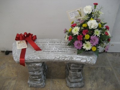 Garden Bench Curved Stone-Like Leafy Relief Border Inscribed