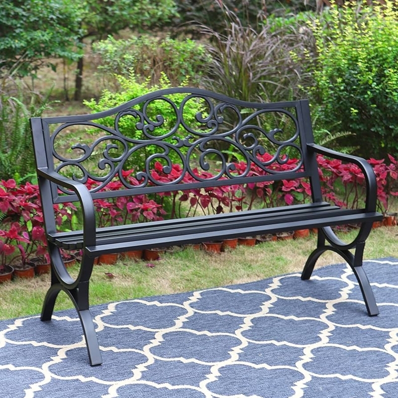 Garden Bench Floral Pattern Backrest Metal Arch Legs Matte Finish