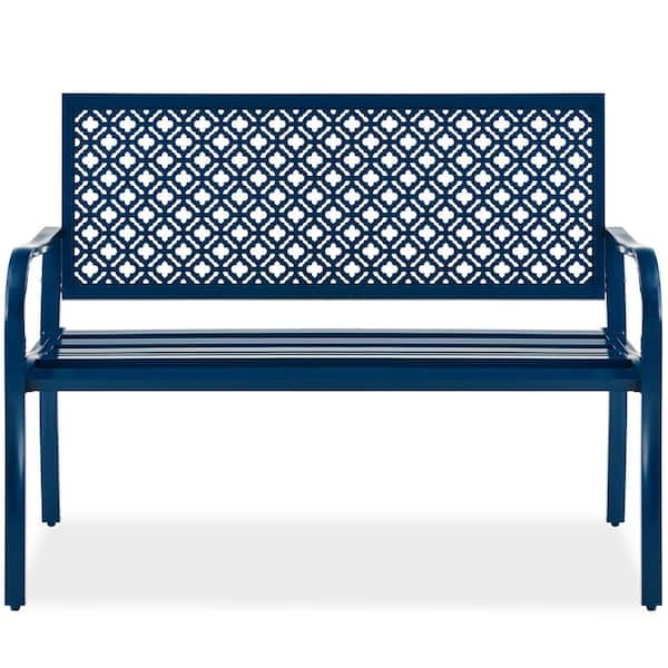 Garden Bench Geometric Lattice Back Peacock Blue Finish, Modern Metal