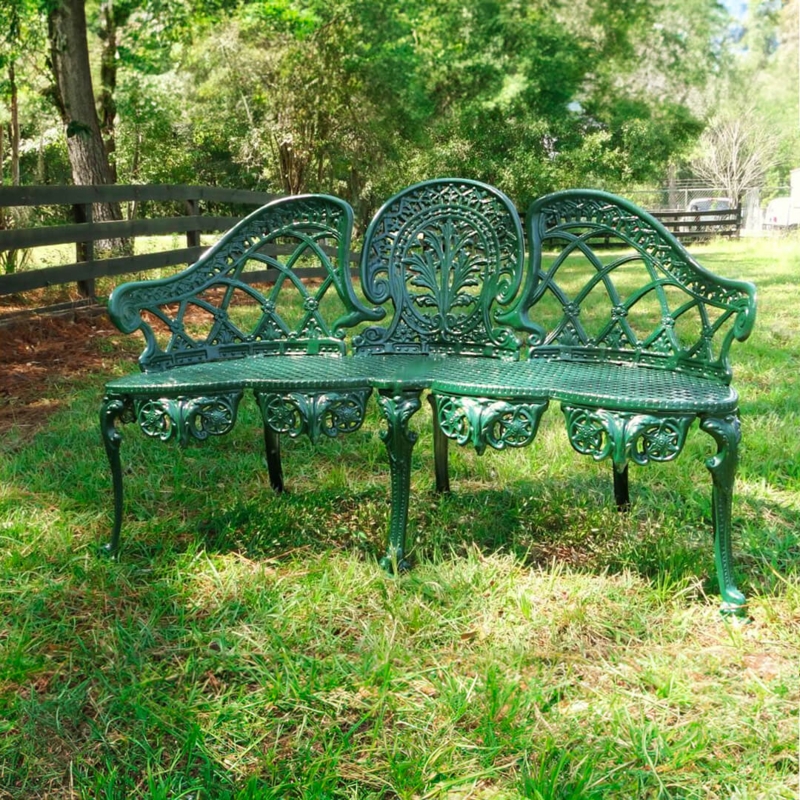 Garden Bench Green Metal Victorian Ornate Backrest Scrolled Arms Patio
