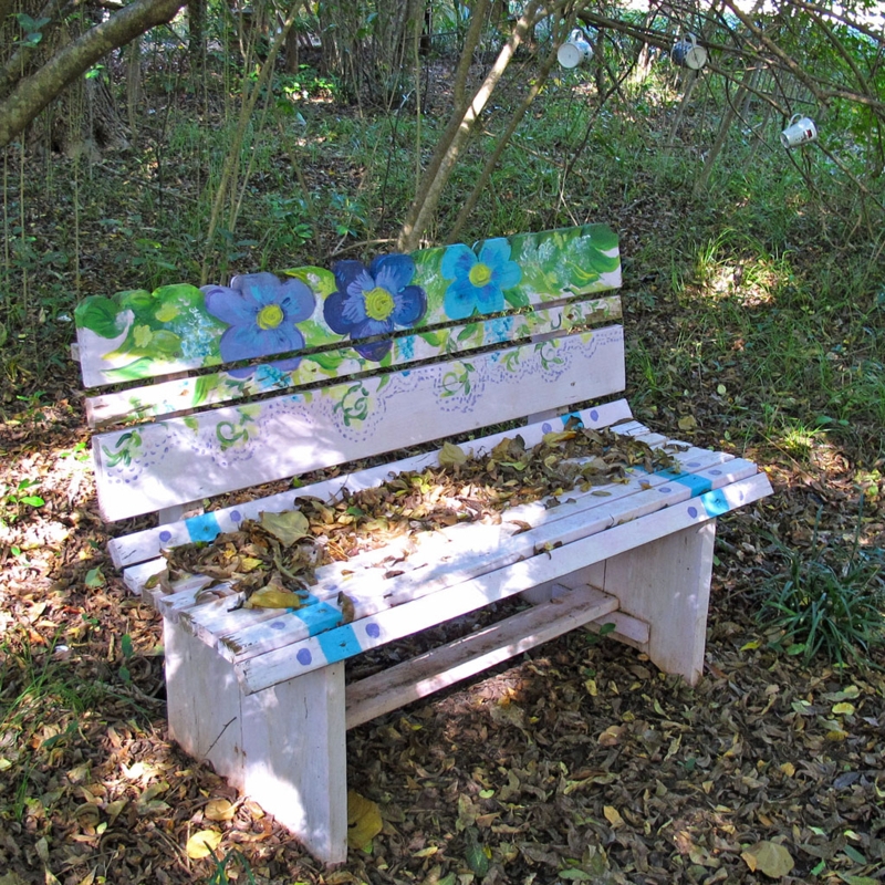 Garden Bench Hand-Painted Floral Murals Whimsical Wood