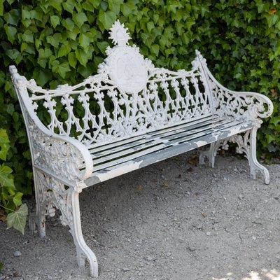 Garden Bench in Ornate White Cast Iron Scrollwork for Patio