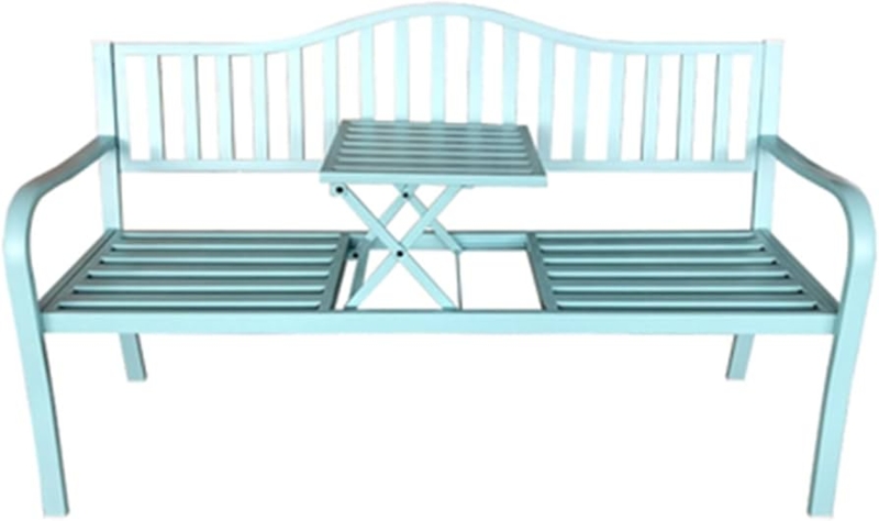 Garden Bench Light Blue Finish Pop Up Table Slatted Back Metal Bench