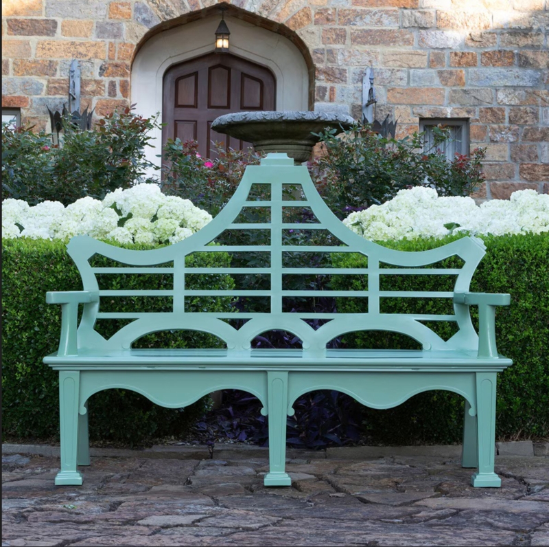 Garden Bench Metal Sage Green Ornate Lattice Back English Garden Style