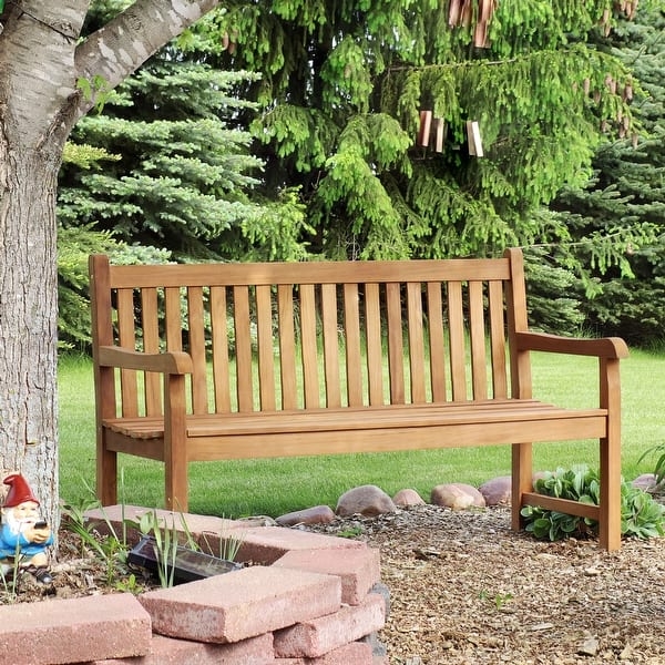 Garden Bench Mission Style Slats Teak Toned Wood Outdoor Seating