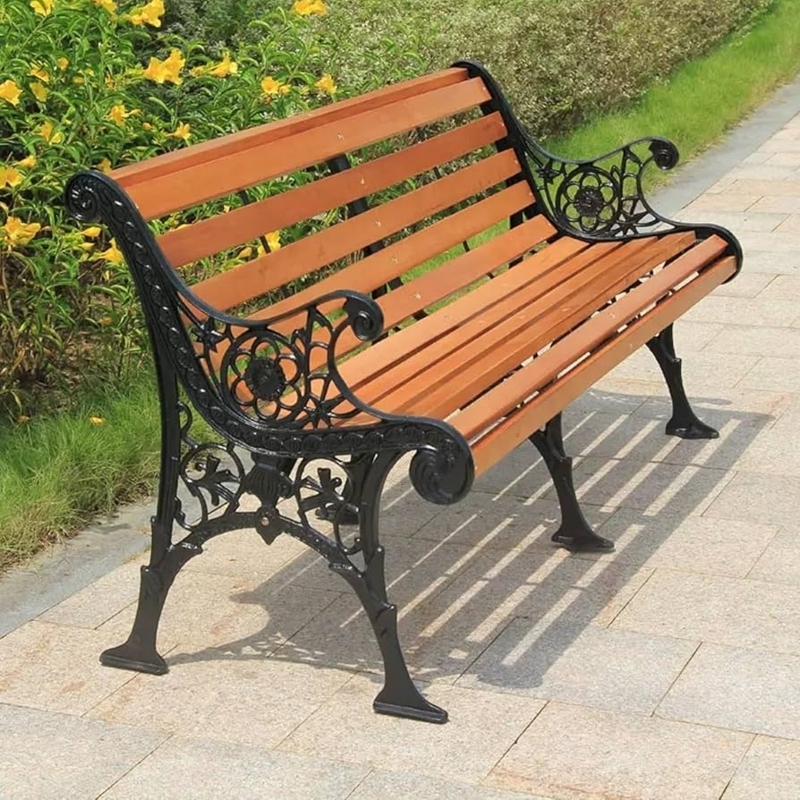 Garden Bench Ornate Scrolled Metal Frame Honey Wood Slats Traditional