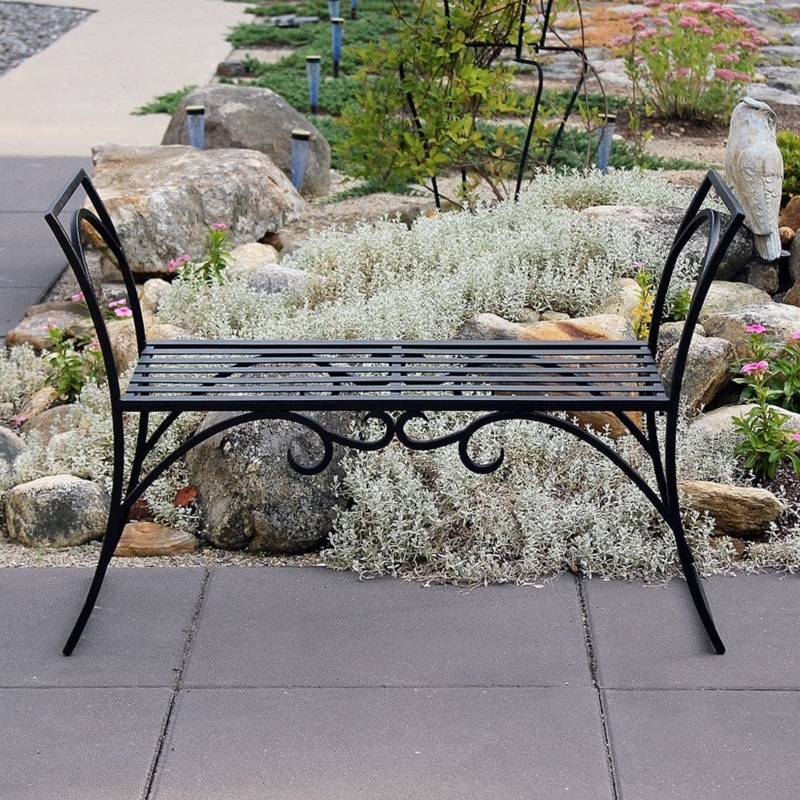 Garden Bench Ornate Scrollwork Antique Bronze Finish Metal Slatted Seat