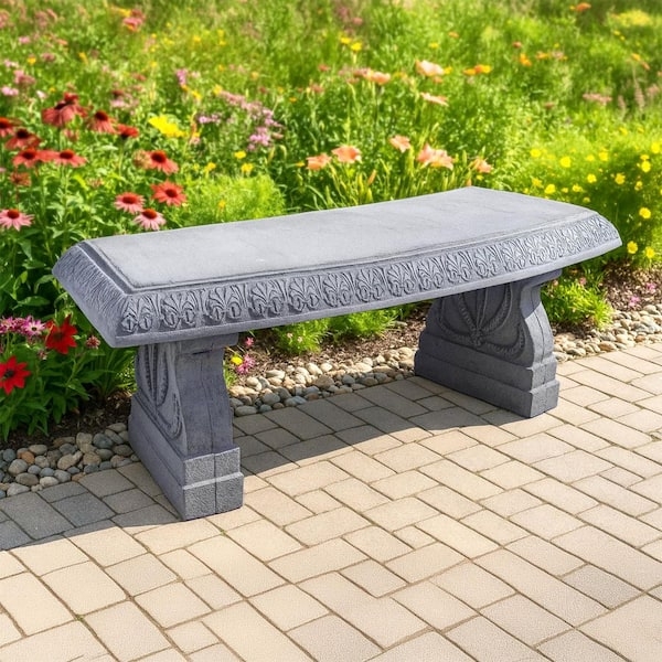 Garden Bench Ornate Stone Relief Carving Weathered Finish