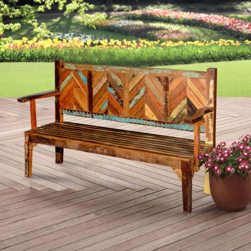 Garden Bench Parquet Chevron Back High Back Rustic Reclaimed Wood