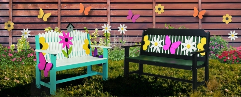 Garden Bench Poly Lumber Butterfly Accents Picket Fence Back