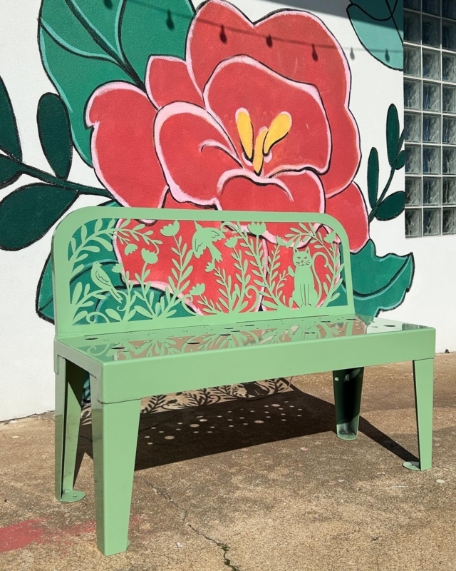 Garden Bench Sage Green Laser Cut Cat Motif Whimsical
