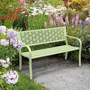 Garden Bench Sage Green Metal with Geometric Floral Backrest