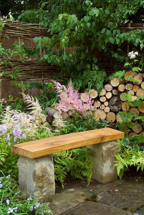 Garden Bench Stone Block Base Thick Timber Seat Rustic