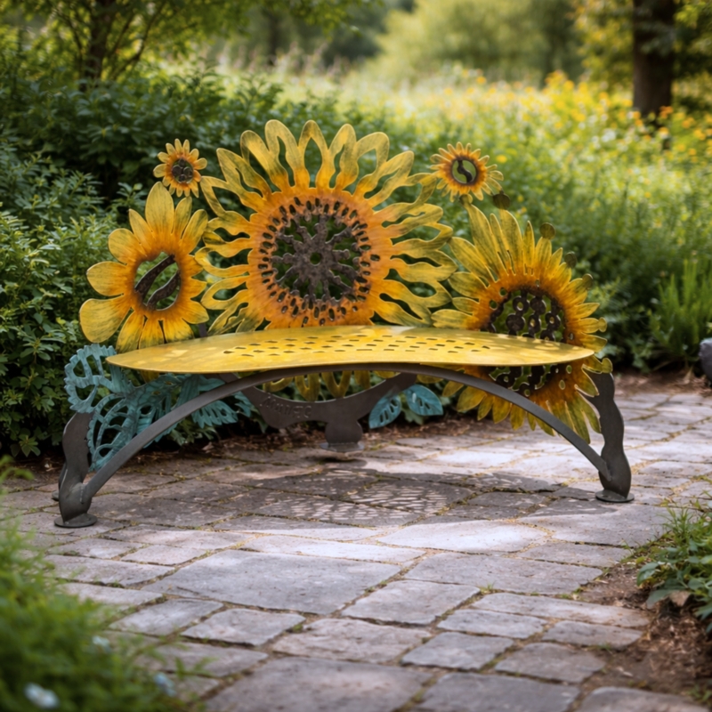 Garden Bench Sunflower Backrest Sculptural Metal Yellow