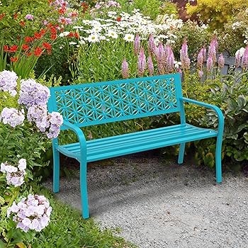 Garden Bench Turquoise Floral Cutout Backrest Metal Frame
