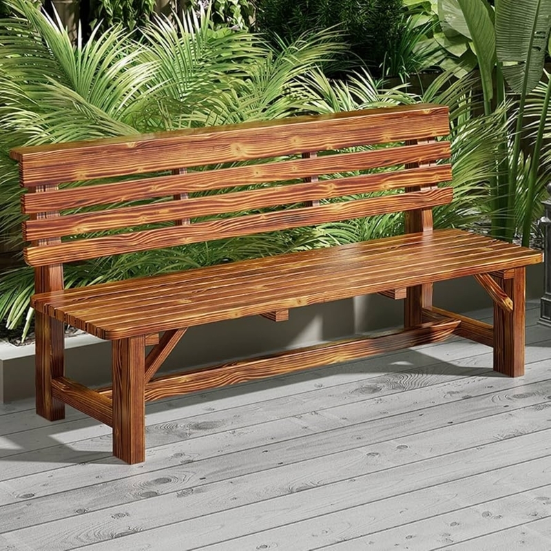 Garden Bench Two-Tone Charcoal Frame Wood Slats Weatherproof Patio