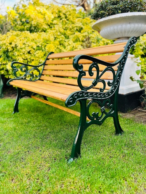 Garden Bench Vintage Green Cast Iron Frame Wood Slats Rustic