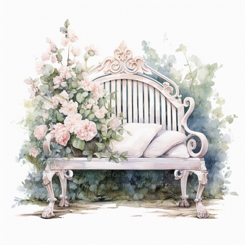 Garden Bench Watercolor Illustration Ornate Cresting Roses