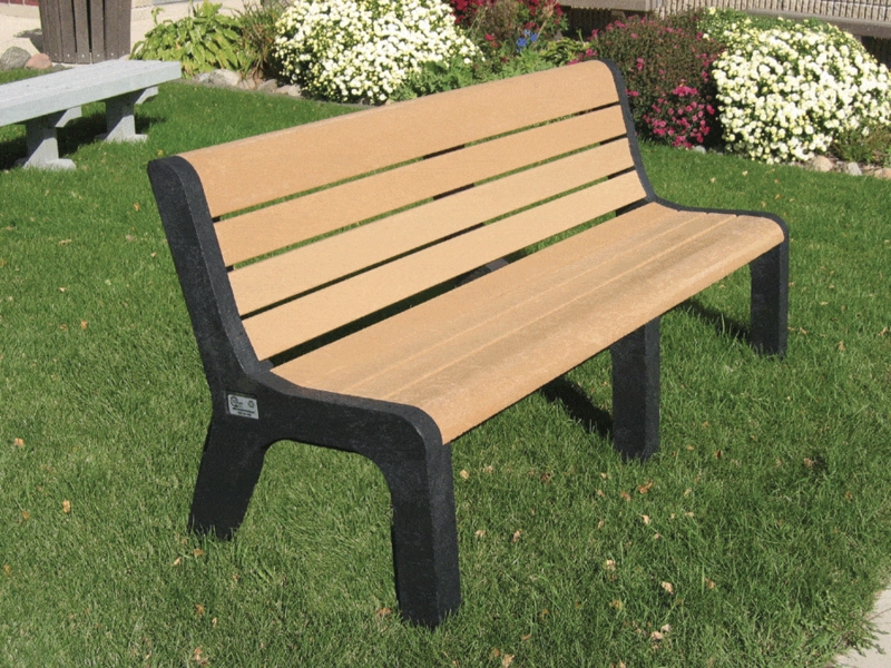 Garden Bench with High-Back Grey Slats and Black Molded Legs