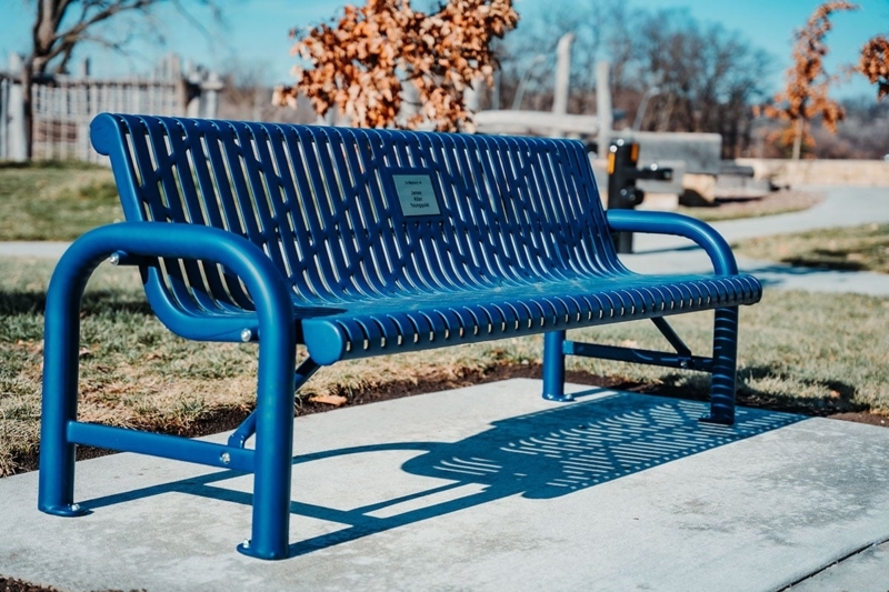Garden Bench with Integrated Plaque, Contoured Slatted Commercial Design