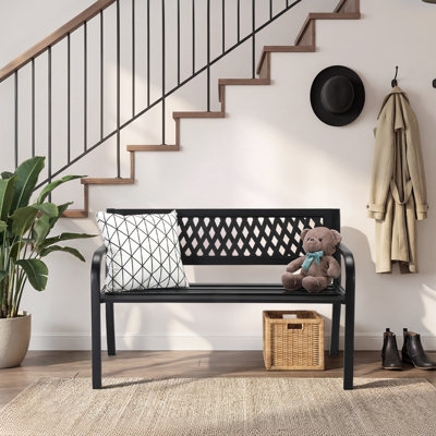 Garden Bench with Lattice Backrest and Scrolled Arms in Metal