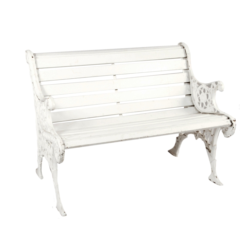 Garden Bench with Ornate Floral Armrests and White Slatted Seat Design