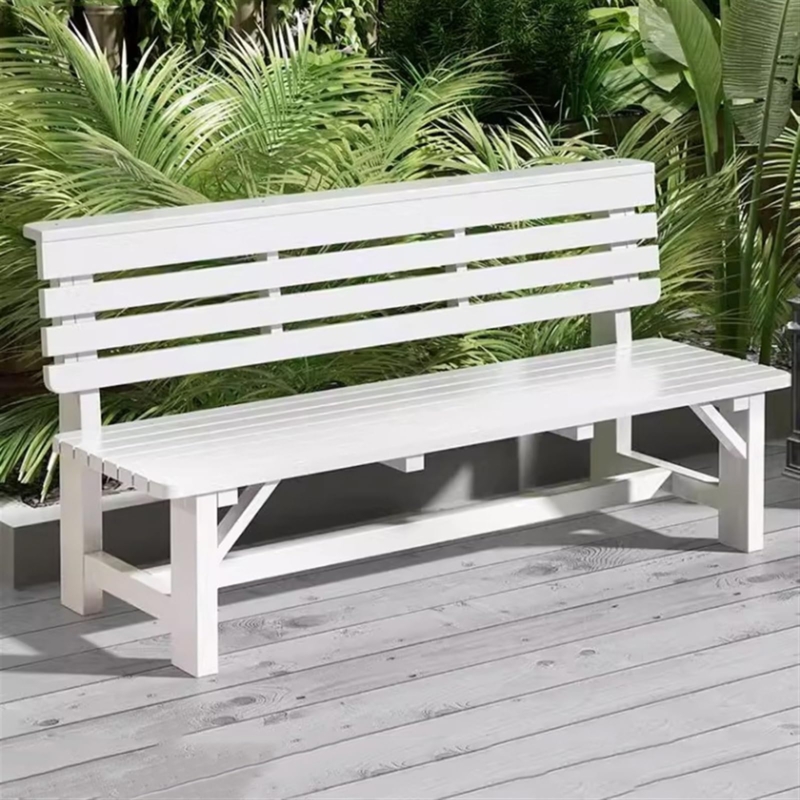 Garden Bench with Slatted Back in White Finish for Rustic Patio Seating