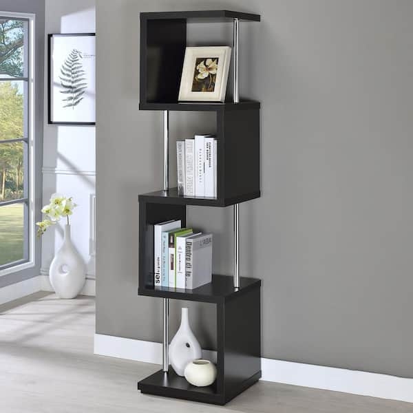 Geometric Bookcase, Black and Chrome Staggered Shelves, Modern Style