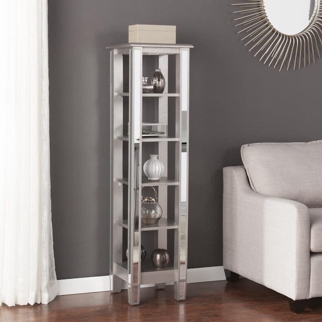 Geometric Bookcase Mirrored Back Staggered Compartments Brushed Matte